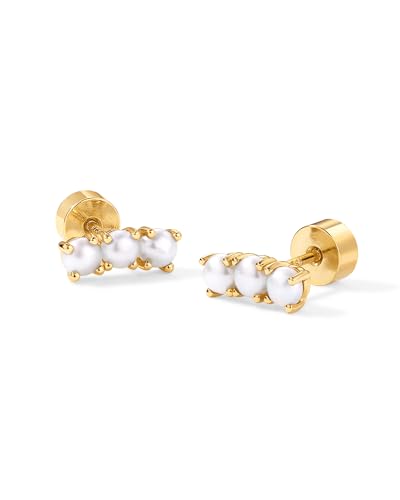 PAVOI 14K Gold Plated 925 Sterling Silver Posts Mini Stud Flat Back Earrings for Women | Helix Cartilage Piercing Jewelry | Dainty Pearl Star Cluster Cubic Zirconia Lotus Climber Screw Backs - style: Pearl Cluster