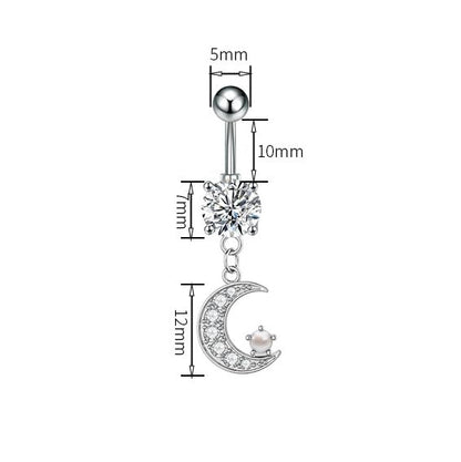 14G Surgical Steel CZ Moon Dangle Belly Button Rings for Women Tiny Faux Pearl Paved Crystal Crescent Moon Dangling Belly Rings Navel Curved Barbell Piercing Jewelry