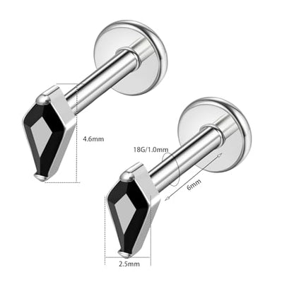 BelezaDosas G23 Hypoallergenic 18g Flat Back Studs Earrings F136 Implant Grade Titanium Tiny Press Fit Threadless Push in Cartilage Helix Labret Lip Conch Tragus Piercing Jewelry - style: BD-Rhombus-Black