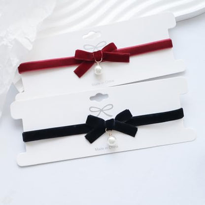 Bow Necklace for Women Dainty Velvet Ribbon Choker Necklaces Red Black Bow Choker Pearl Bell Heart Pendant Necklace Winter Holiday Necklace Cute Bow Knot Necklace for Christmas New Year Gifts - color: Black+pearl