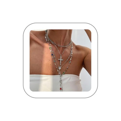 Layered Cross Necklace Set for Women, Layered Choker Necklaces Trendy Jewelry, Colorful Enamel Beaded Y-Shaped Lariat Necklace, Boho Multilayer Cross Necklace for Party and Daily Wear - color: Silver-02