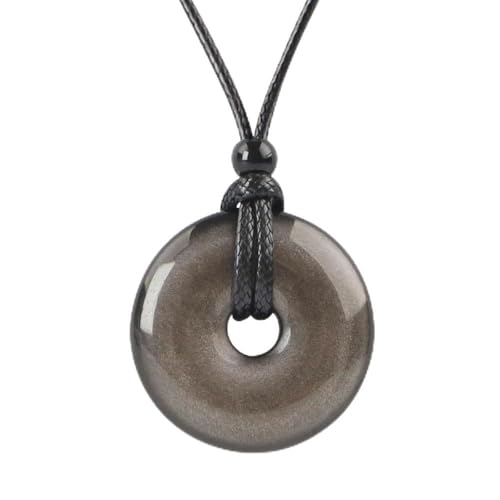 Anjiucc Natural Gemstone Pendant Necklce Lucky Coin Crystal Necklace Donut Pendnat with Adjustable Rope Healing Crystal for Men - color: Silvery Sheen Obsidian
