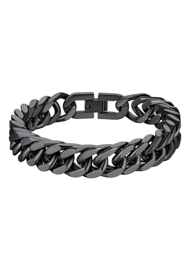 Richsteel Mens Cuban Link Bracelets, Silver/Black/14K Gold Plated Stainless Steel Bracelet for Men 8/12/17mm Width, 7.4/8.2/9 Inch Length Chain Wrist Bracelets With Gifts Box - style: 06-Black 12mm Width