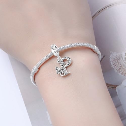 2 Pack 925 Sterling Silver Butterfly Letter Charms for Bracelets and Necklace Alphabet Initial Dangle Pendants Round Spacer Beads Pave Cubic Zirconia Jewelry Gift for Women - color: P Set