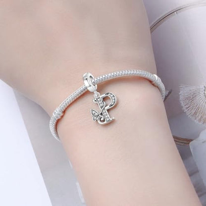 2 Pack 925 Sterling Silver Butterfly Letter Charms for Bracelets and Necklace Alphabet Initial Dangle Pendants Round Spacer Beads Pave Cubic Zirconia Jewelry Gift for Women - color: P Set