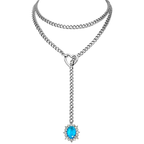 Women's Heart O-Ring Slip Chain Necklace, Double Layered Adjustable 39'' Cuban Chain with Detachable Heart Clasp and Colorful Rhinestone Pendant - color: 39'' Silver-Ocean Blue