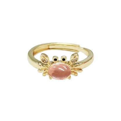 Dtja Crystal Crab Statement Ring for Women Gold Plated Expandable Cute Marine Animal Adjustable Open Wrap Finger Ring Elegant Birthday Holiday Party Jewelry - color: Light Pink