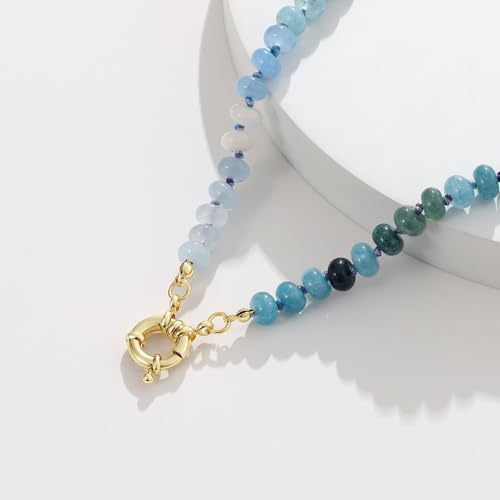 KissYan Beaded Gemstone Necklaces for Women | Colorful Bead Natural Stone Choker with 14K Gold Plated Spring Ring Clasp, Handmade Knot Jewelry for Summer Beach - color: E-Blue & Green