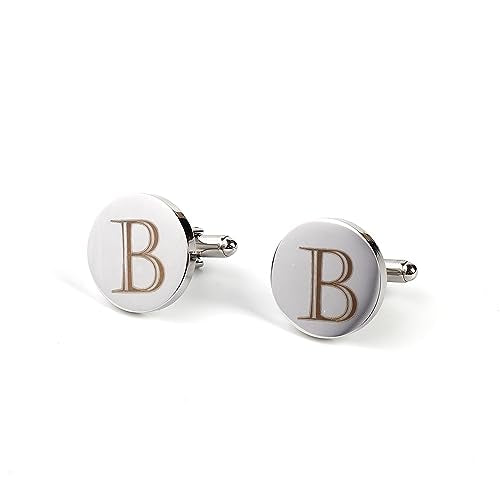 Mens Initial Silver Cufflinks A-Z Alphabet Letter Steel Cuff Links with Engraved Walnut Wood Box Groom Groomsman Wedding Set… - style: B