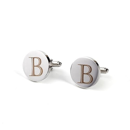 Mens Initial Silver Cufflinks A-Z Alphabet Letter Steel Cuff Links with Engraved Walnut Wood Box Groom Groomsman Wedding Set… - style: B