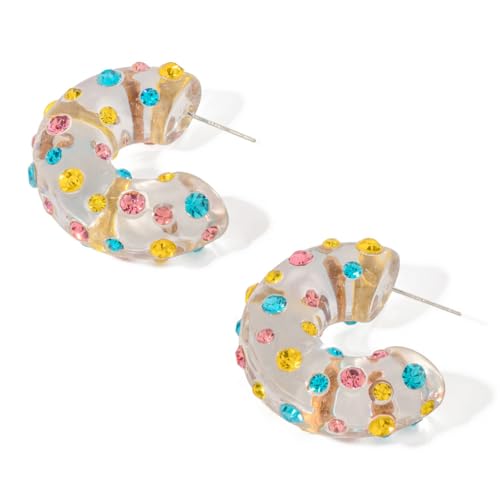 Chunky Acrylic Hoop Earrings for Women Thick Rhinestone Resin Open Hoops Colorful Geometric Earrings Lightweight Hypoallergenic for Sensitive Ears - color: CZ-Clear