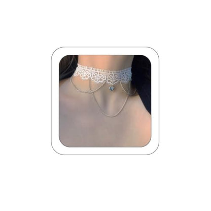 Bethynas Gothic White Lace Sexy Choker Necklace Heart Butterfly Pendant Tassel Collar Neck Chain Bridal Wedding Jewelry for Women Girls - color: Style A