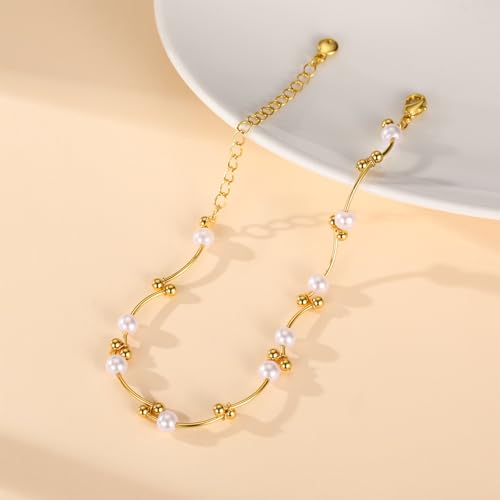 Gold Pearl Bracelet for Women, 18K Gold Plated Dainty Pearls Beaded Chain Bracelet Jewelry Gifts for Women - color: C-Gold 3
