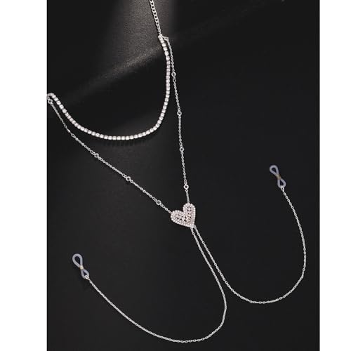Sexy Rhinestone Heart Bra Body Chain Necklace Festival Rave Crystal Non Piercing Nipple Chain Jewelry Bikini Lingerie Nipple Body Jewelry for Women Party - color: Silver