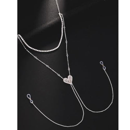 Sexy Rhinestone Heart Bra Body Chain Necklace Festival Rave Crystal Non Piercing Nipple Chain Jewelry Bikini Lingerie Nipple Body Jewelry for Women Party - color: Silver