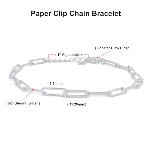 7" Length +1" Adjustable Paper Clip Chain Bracelet for Women | 14K Gold Over Sterling Silver Plain Jewelry - color: white-gold-plated-silver