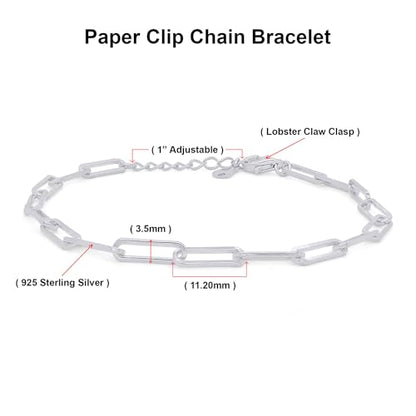 7" Length +1" Adjustable Paper Clip Chain Bracelet for Women | 14K Gold Over Sterling Silver Plain Jewelry - color: white-gold-plated-silver