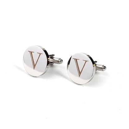 Mens Initial Silver Cufflinks A-Z Alphabet Letter Steel Cuff Links with Engraved Walnut Wood Box Groom Groomsman Wedding Set… - style: V