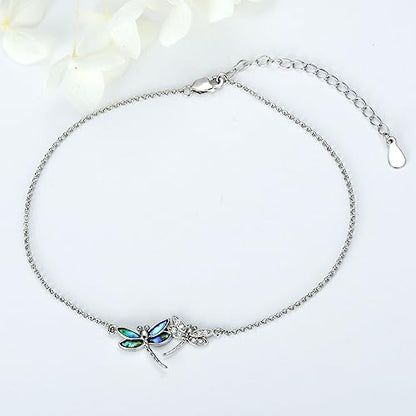 925 Sterling Silver Anklet Foot Bracelet with Crystal from Austria, Anklet Jewelry Gifts for Women 11 Inch Adjustable - style: D-Dragonfly
