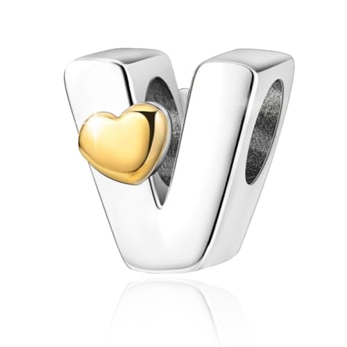 Two-Tone Gold Heart S925 Silver Letter Charm Fits Pandora Bracelet Necklace | Initial Bead Two-Tone Gold Heart, DIY European Bracelet Accessory, Gift for Ladies Birthday Anniversary Valentine - style: V