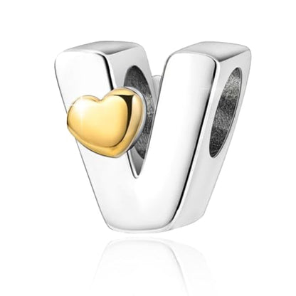 Two-Tone Gold Heart S925 Silver Letter Charm Fits Pandora Bracelet Necklace | Initial Bead Two-Tone Gold Heart, DIY European Bracelet Accessory, Gift for Ladies Birthday Anniversary Valentine - style: V
