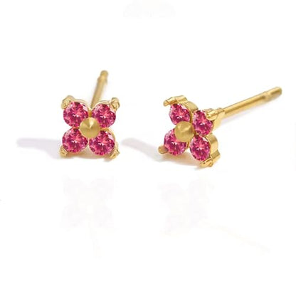 QueenBee 14K Gold Plated Ivy Flower Birthstone Stud Earrings for Women Dainty Floral Gemstone Studs Unique Jewelry Gift for Her - color: Jul-Ruby
