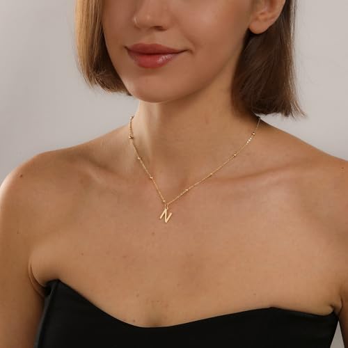 Initial Necklace for Women 14K Gold Silver Dainty Letter Necklace | Personalized Monogram Name Charm Pendant, Simple Bead Chain, Trendy Jewelry Gift, Non Tarnish - style: N