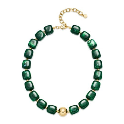 Colorful Statement Chunky Beaded Necklace for Women Trendy Y2K Boho Choker | Large Square Resin Beads Bold Summer Vacation Jewelry - color: Dark green