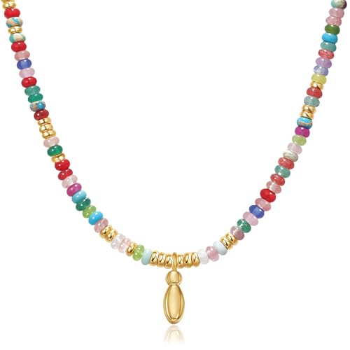 YOUFENG Initial Letter Necklaces for Women Colorful Beaded Gemstone Choker 14K Gold Plated Bubble Letter Pendant Necklace Natural Stone Handmade Jewelry Gift - color: I