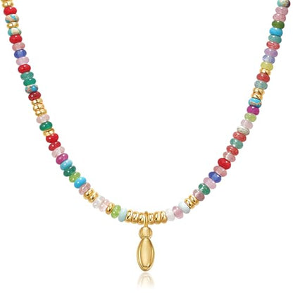 YOUFENG Initial Letter Necklaces for Women Colorful Beaded Gemstone Choker 14K Gold Plated Bubble Letter Pendant Necklace Natural Stone Handmade Jewelry Gift - color: I