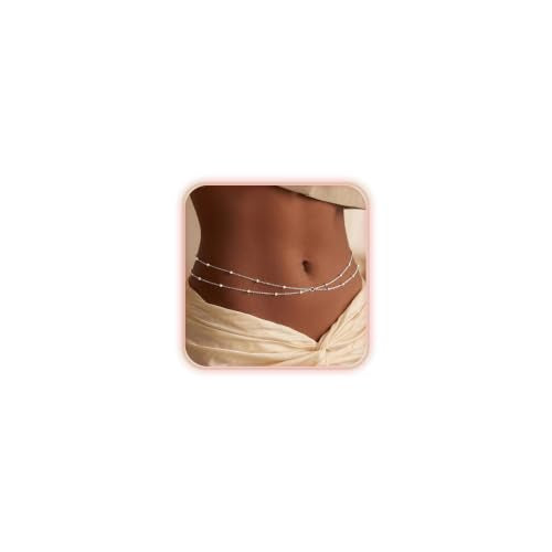 Layered Waist Chain for Women Waterproof, 14K Gold/Silver Plated Belly Chain Belt Waist Beads Chain Herringbone Snake Satellite Body Chain Beach Summer Fashion Jewelry Gift - style: Style 2-Silver