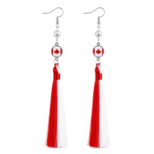 Handmade 925 Silver Plated Long Tassel Earring,Premium Flag Heritage Jewelry, Pride Patriotic Festival Gift For Women Party - color: Canada Flag Style