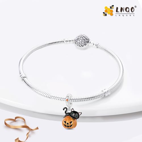 LNQOBU 925 Sterling Silver Charms for Bracelets Dangle Pendant fit Pandora Bracelets or Necklaces Jewelry Woman Gift Beads Charm (With one Spacer Beads) - style: Black Cat Luminous Pumpkin Charm