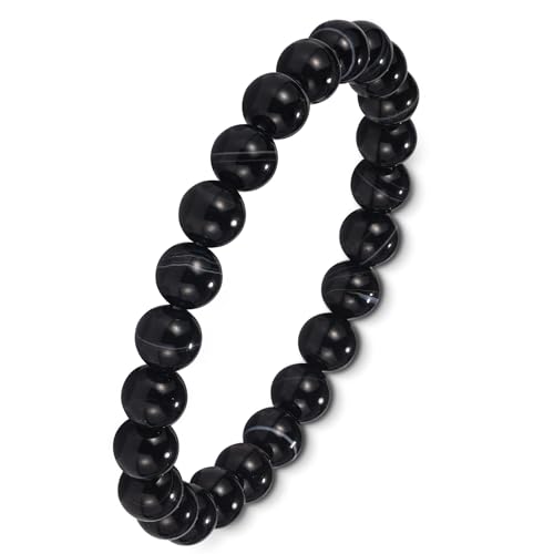 Agate Round Beaded Bracelet for Women Men Natural Agates Stone Healing Bracelets Stretch Elastic Handmade Polished Gemstone Beads Bracelet - color: Black White, size: 8mm Beads