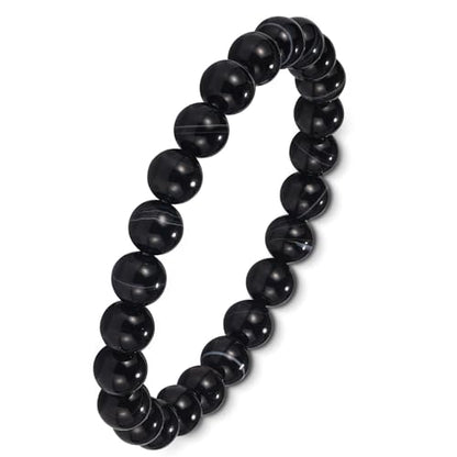 Agate Round Beaded Bracelet for Women Men Natural Agates Stone Healing Bracelets Stretch Elastic Handmade Polished Gemstone Beads Bracelet - color: Black White, size: 8mm Beads