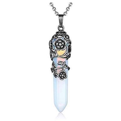 Top Plaza Flower Wrapped Natural Opalite Crystal Necklace | Antique Silver Healing Crystal Gemstone Necklaces for Women Mothers Day Mom Gifts - color: Synthetic Opalite