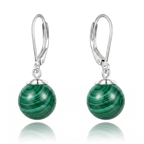 Pearl Leverback Earrings for Women Dangle Round Gemstone Earrings Birthstone Jewelry Gift Anniversary for Her - color: 14 malachite