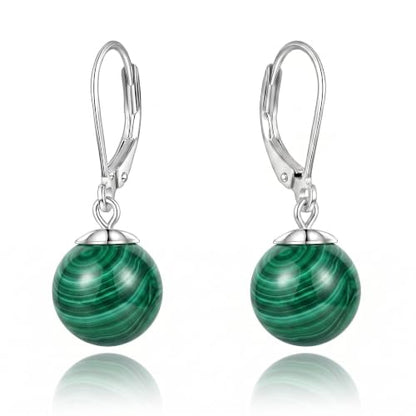 Pearl Leverback Earrings for Women Dangle Round Gemstone Earrings Birthstone Jewelry Gift Anniversary for Her - color: 14 malachite