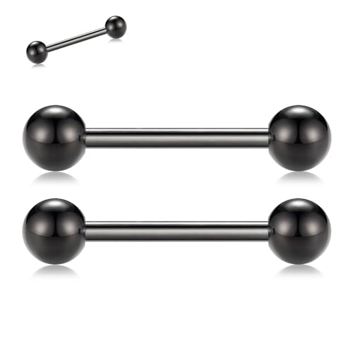 PEAKLINK Internally Threaded Nipple Rings Titanium Nipple Bars Piercing Jewelry 1 Pair Tongue Rings Eyebrow Jewelry Bridge Piercings - color: Black Nipple Straight Barbell