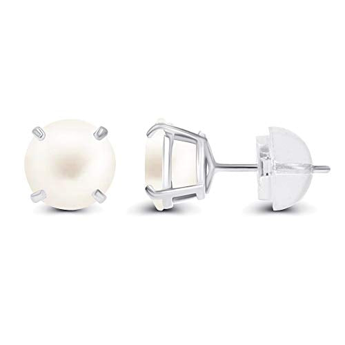 Solid 14K Yellow, White or Rose Gold 4mm Round Genuine Gemstone Birthstone Prong Set Stud Earrings For Women - color: Freshwater Cultured Pearl