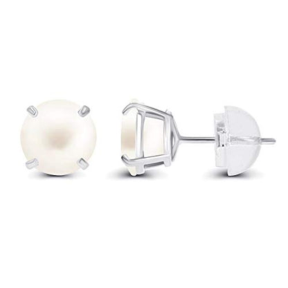 Solid 14K Yellow, White or Rose Gold 4mm Round Genuine Gemstone Birthstone Prong Set Stud Earrings For Women - color: Freshwater Cultured Pearl