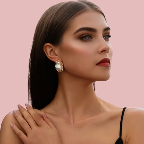 Boho Pearl Statement Earrings for Women Irregular Pearl Earrings | Big Round Freshwater Pearls Bridal Gold Earring Beach Ocean Vacation Jewelry - style: A Style