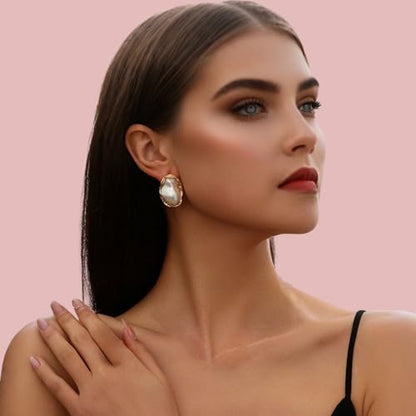 Boho Pearl Statement Earrings for Women Irregular Pearl Earrings | Big Round Freshwater Pearls Bridal Gold Earring Beach Ocean Vacation Jewelry - style: A Style