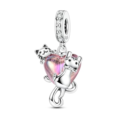 Hapour 925 Sterling Silver Charms for Bracelet Necklace Dangle Pendant Bead | Bear Charm, Elephant Zebra Cat Dream catcher Family Birthday European Jewelry Charm, For Women Mom - color: Two Cats around Heart
