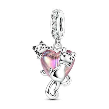 Hapour 925 Sterling Silver Charms for Bracelet Necklace Dangle Pendant Bead | Bear Charm, Elephant Zebra Cat Dream catcher Family Birthday European Jewelry Charm, For Women Mom - color: Two Cats around Heart