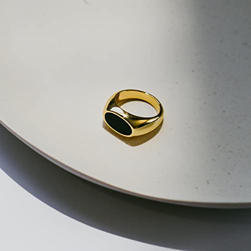 18K Gold Plated Women's Starburst Signet Ring - Minimalist Mother of Pearl Statement Piece - color: Black Enamel Oval Statement Ring