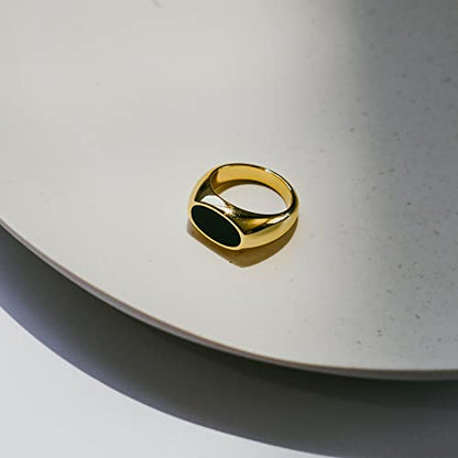 18K Gold Plated Women's Starburst Signet Ring - Minimalist Mother of Pearl Statement Piece - color: Black Enamel Oval Statement Ring