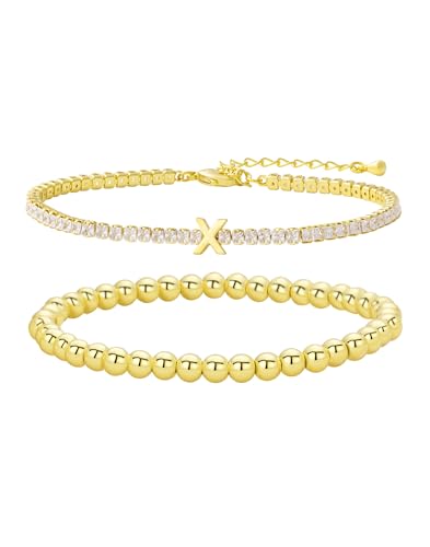 14K Gold Plated Bracelets for Women Dainty Tennis Initial Bracelet Trendy Beaded Stackable Charm Bracelets Layered Waterproof Bracelet Dainty Bracelet for Women Jewelry Gifts - style: X