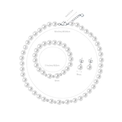Pearl Jewelry Set for Women & Girls, Rhinestone Necklace Bracelet Earrings | 8mm White Faux Pearl Set, Rhinestone Sparkle Detail, Prom Night Accessory, Party, Gift - style: 16 inches