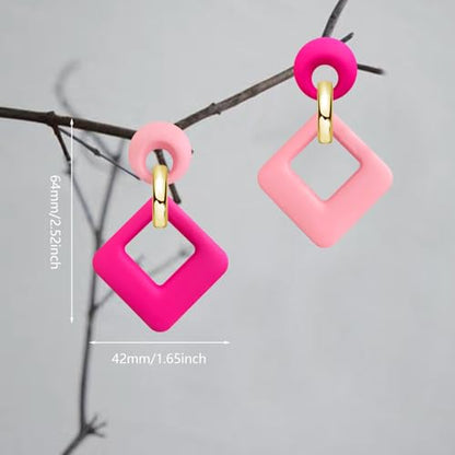 70s 80s Vintage Resin Neon Square Dangle Drop Earrings Simplicity Acrylic Hollow Round Circle Geometry Stud Earrings for Women - style: Pink Rose Red